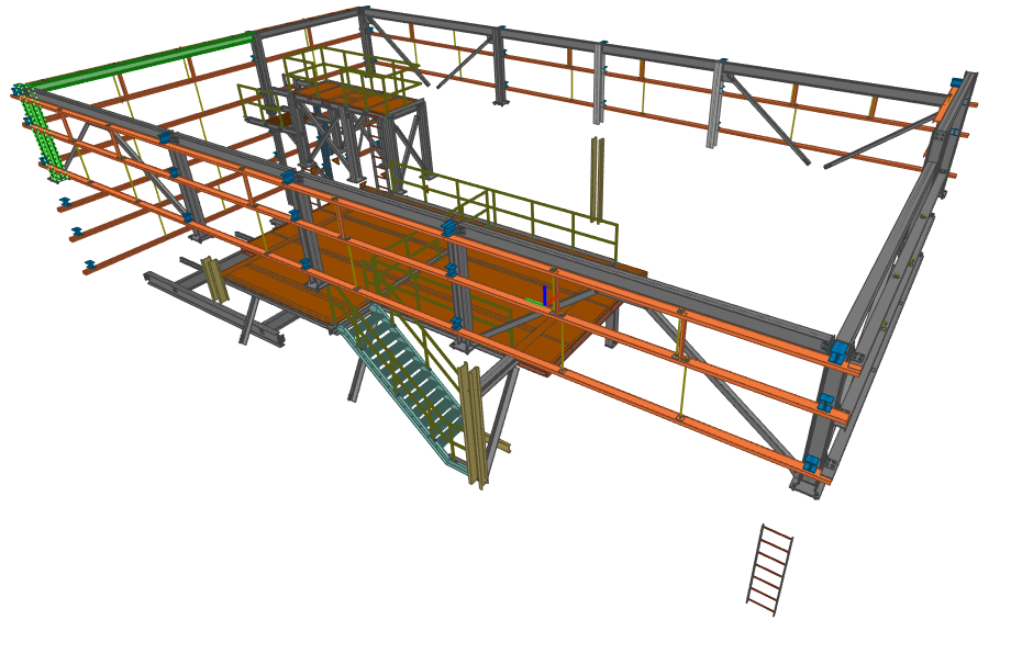 3D steel detailing model of a structural frame with platforms and stairs